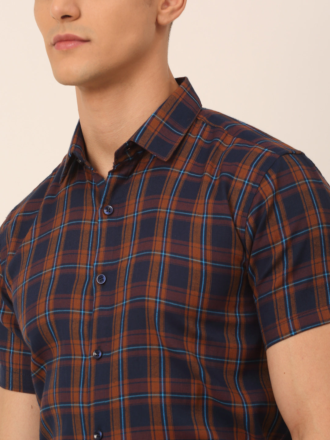 Jainish Men's Cotton Checked Half Sleeves Formal Shirts - Orange-Blue | Grocsy