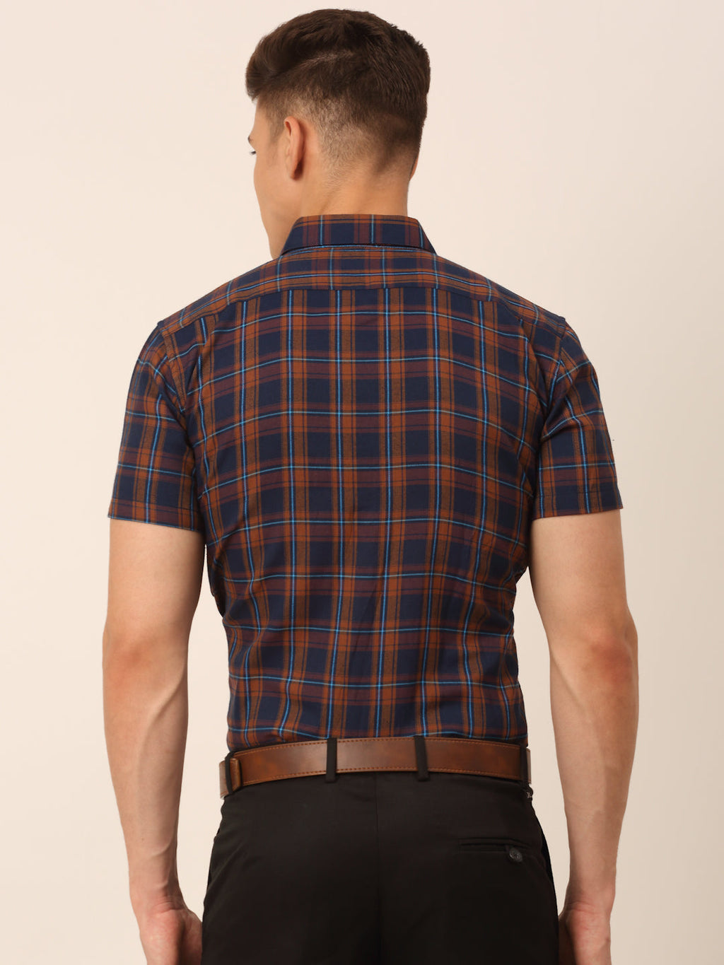 Jainish Men's Cotton Checked Half Sleeves Formal Shirts - Orange-Blue | Grocsy
