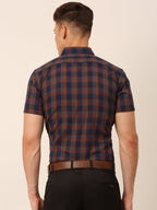 Jainish Men's Cotton Checked Half Sleeves Formal Shirts - Orange-Blue | Grocsy