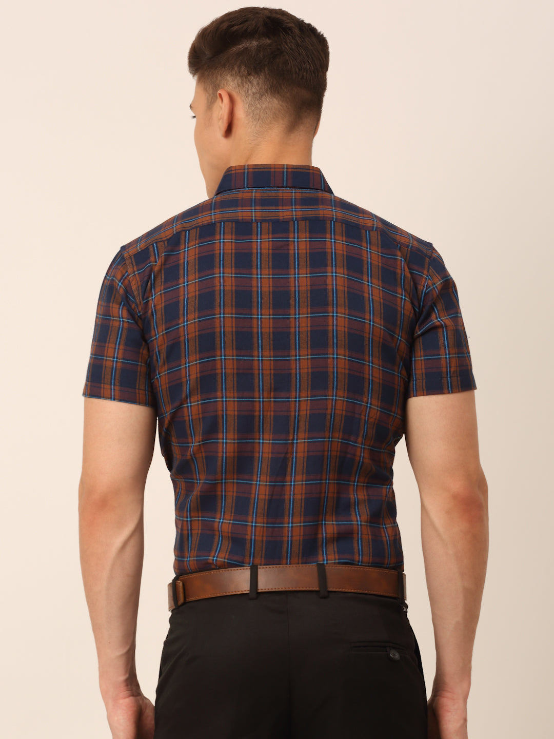 Jainish Men's Cotton Checked Half Sleeves Formal Shirts - Orange-Blue | Grocsy