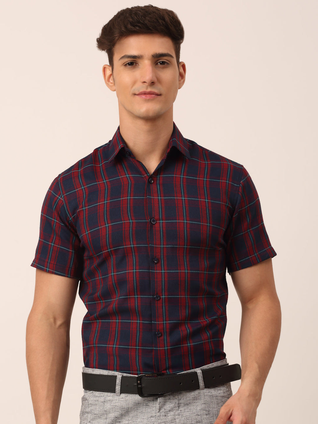 Jainish Men's Cotton Checked Half Sleeve Formal Shirts ( SF 818Red-Blue ) | Grocsy