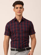 Jainish Men's Cotton Checked Half Sleeve Formal Shirts ( SF 818Red-Blue ) | Grocsy