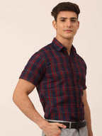 Jainish Men's Cotton Checked Half Sleeve Formal Shirts ( SF 818Red-Blue ) | Grocsy