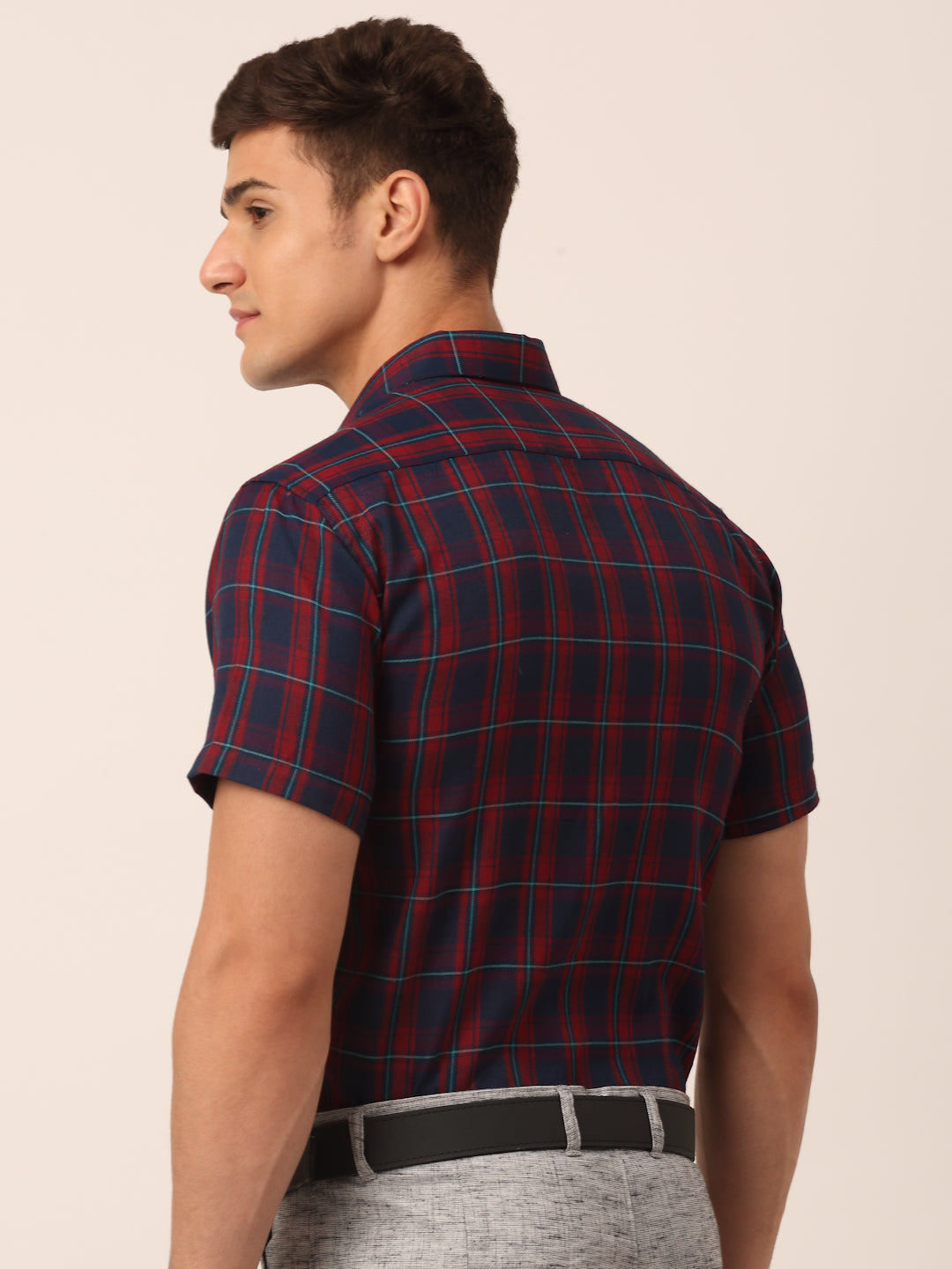 Jainish Men's Cotton Checked Half Sleeve Formal Shirts ( SF 818Red-Blue ) | Grocsy