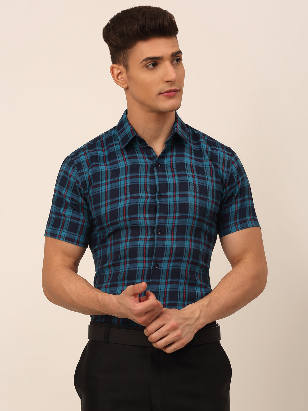 Jainish Men's Cotton Checked Half Sleeves Formal Shirts - Sky Blue-Blue | Grocsy