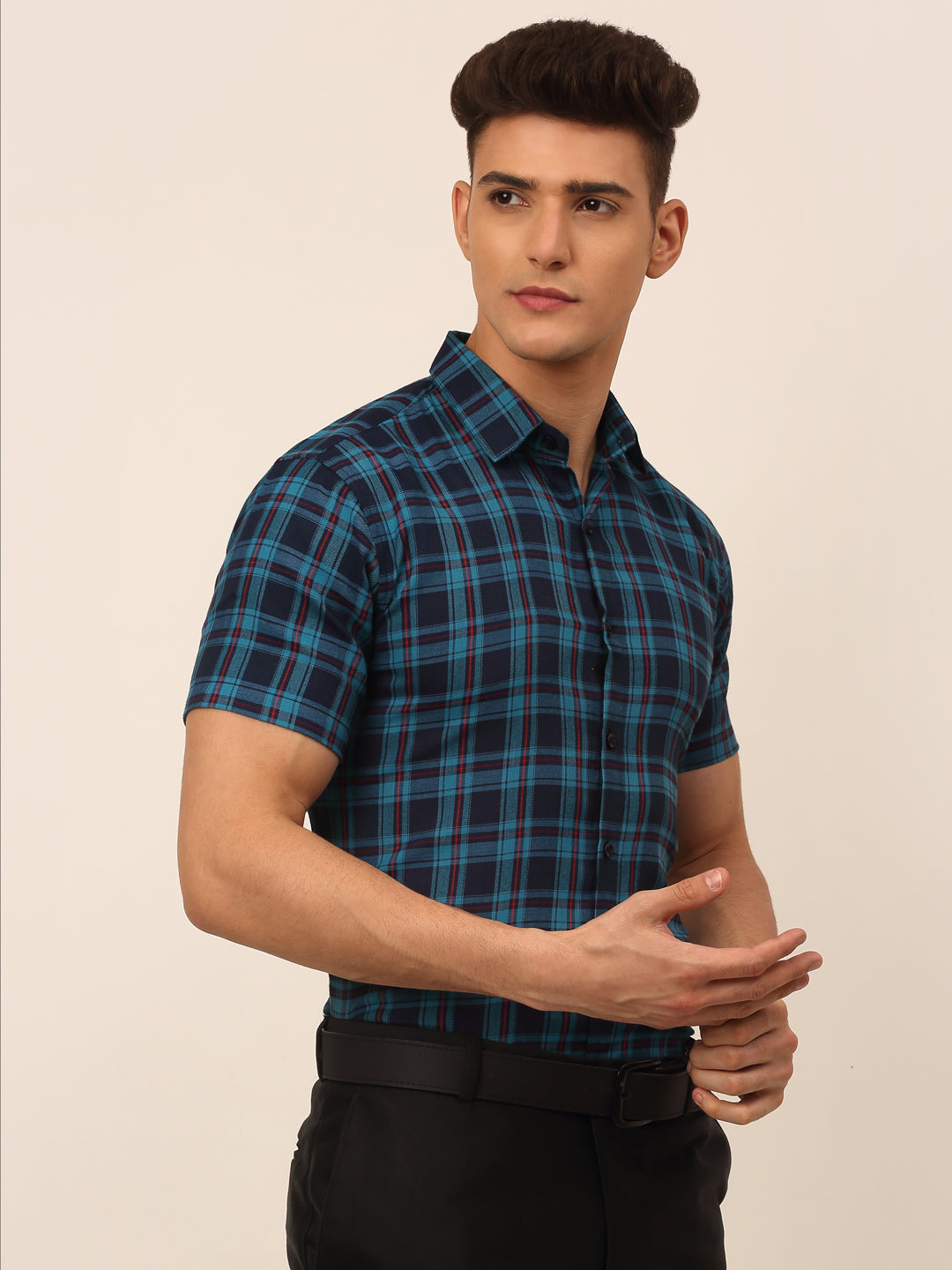 Jainish Men's Cotton Checked Half Sleeves Formal Shirts - Sky Blue-Blue | Grocsy