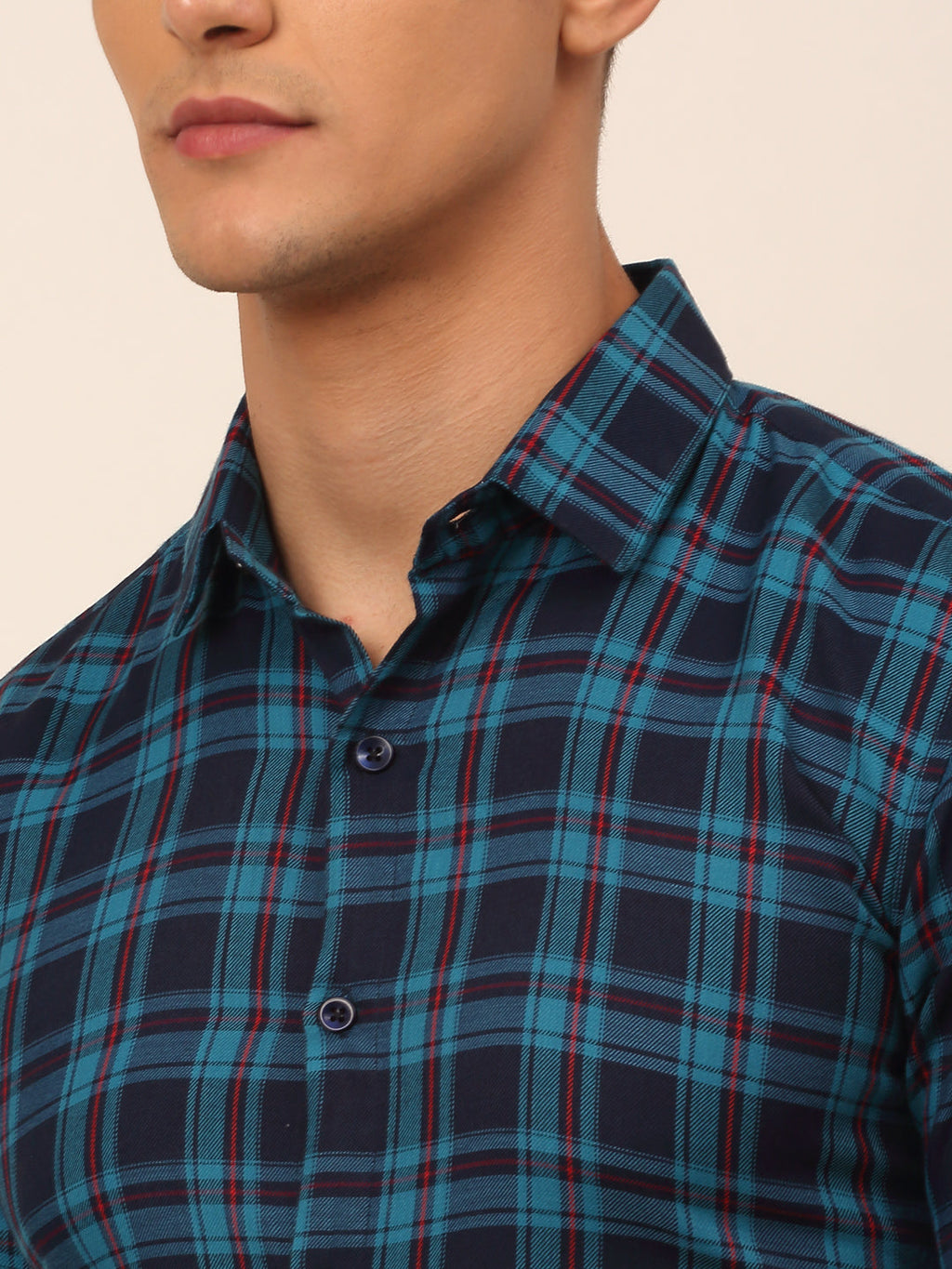 Jainish Men's Cotton Checked Half Sleeves Formal Shirts - Sky Blue-Blue | Grocsy