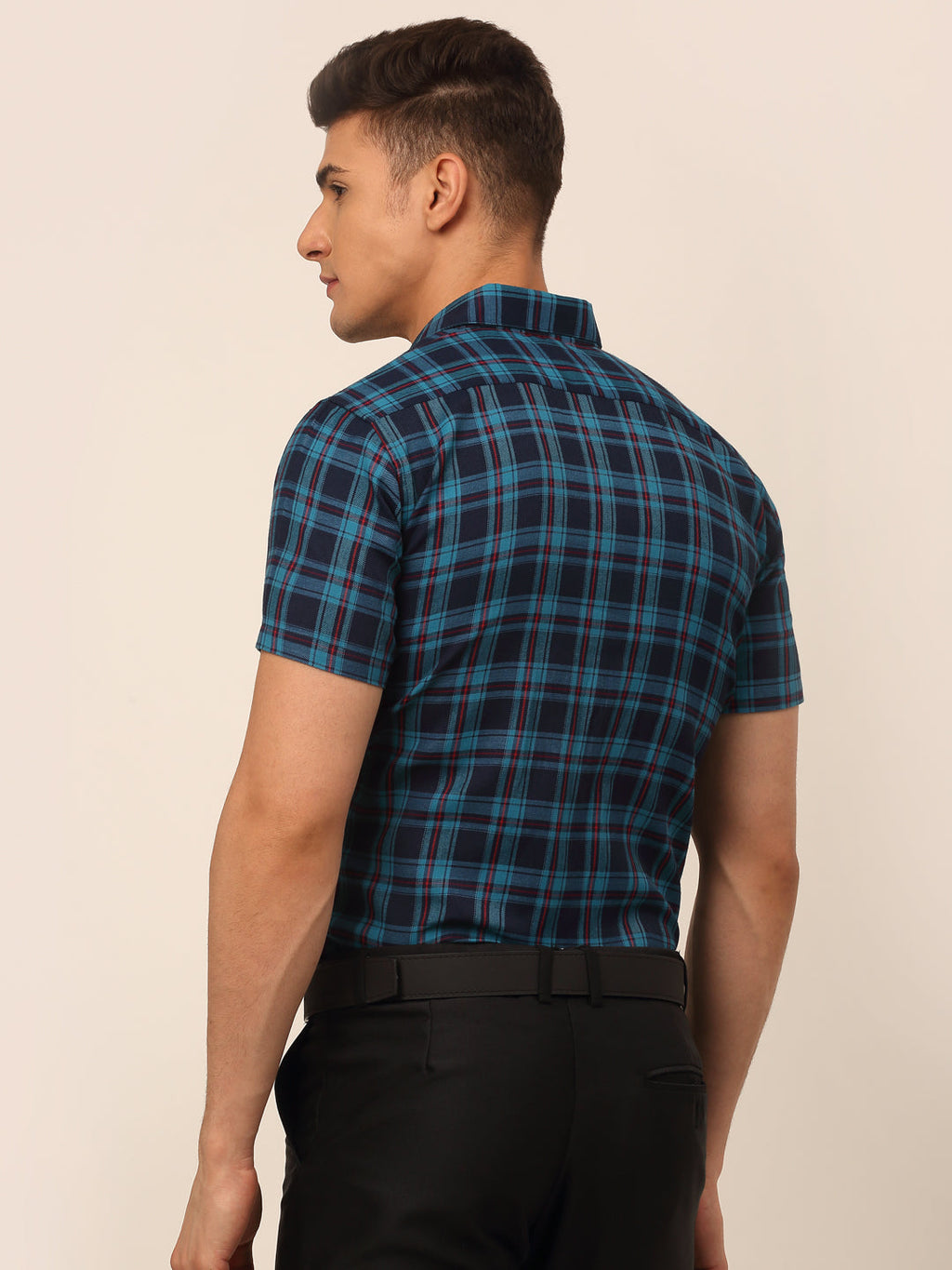 Jainish Men's Cotton Checked Half Sleeves Formal Shirts - Sky Blue-Blue | Grocsy