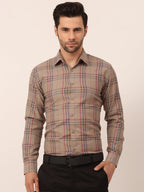 Jainish Men's Cotton Checked Formal Shirts ( SF 819Brown ) | Grocsy