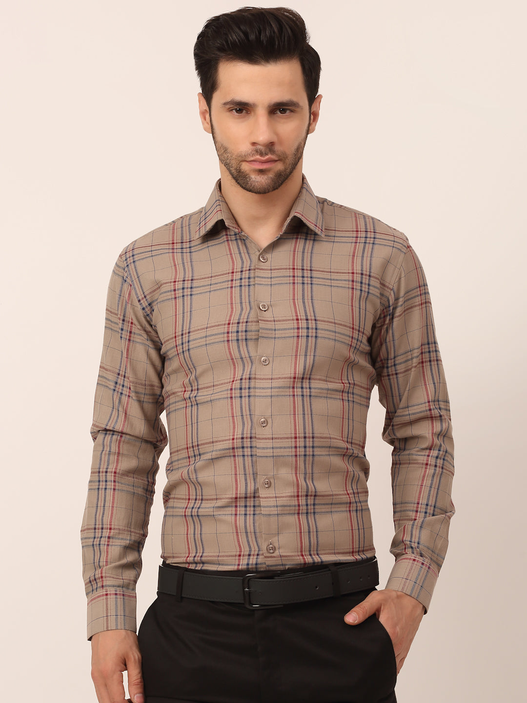 Jainish Men's Cotton Checked Formal Shirts ( SF 819Brown ) | Grocsy