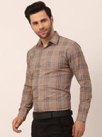 Jainish Men's Cotton Checked Formal Shirts ( SF 819Brown ) | Grocsy