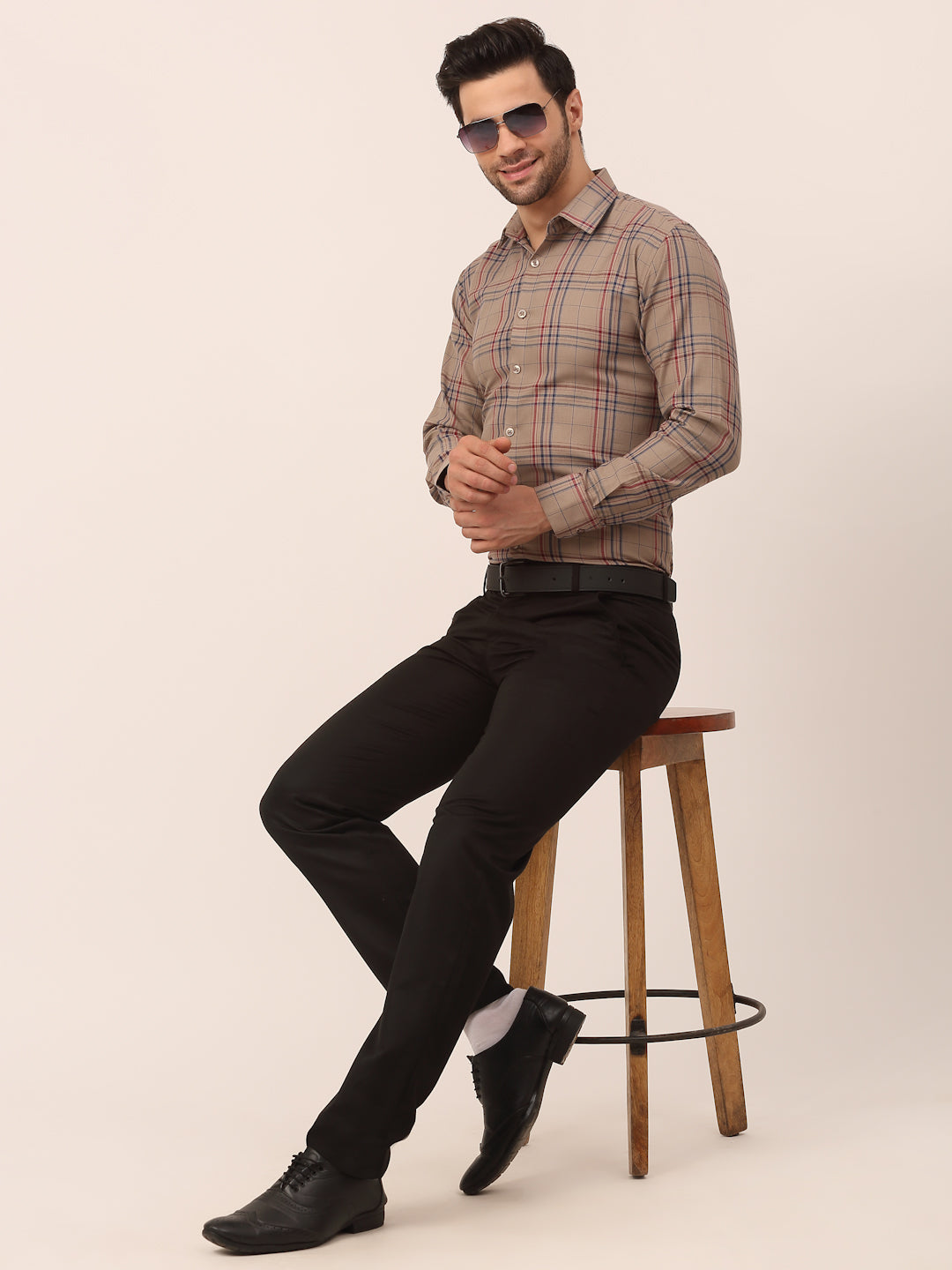 Jainish Men's Cotton Checked Formal Shirts ( SF 819Brown ) | Grocsy