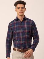 Jainish Men's Cotton Checked Formal Shirts ( SF 819Navy ) | Grocsy