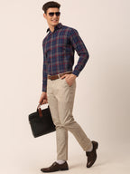 Jainish Men's Cotton Checked Formal Shirts ( SF 819Navy ) | Grocsy