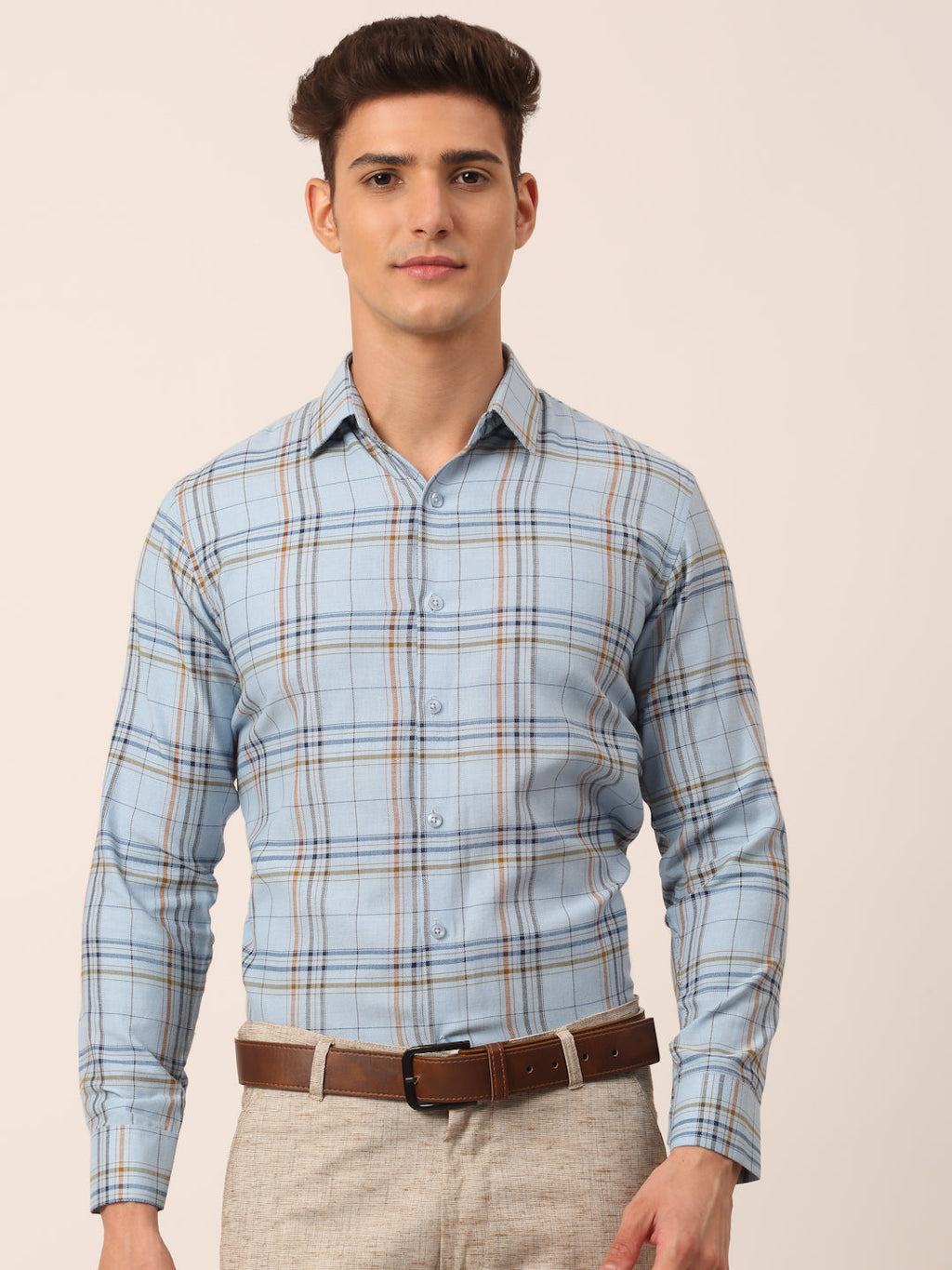 Jainish Men's Cotton Checked Formal Shirts ( SF 819Sky ) | Grocsy