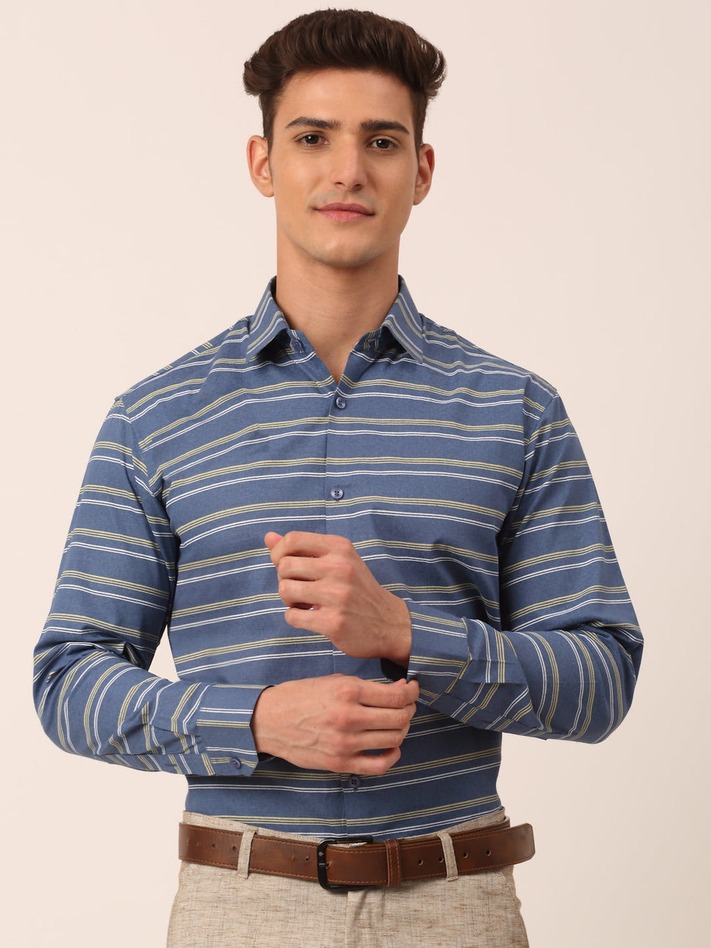 Jainish Men's Cotton Striped Formal Shirts ( SF 820Blue ) | Grocsy
