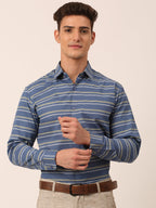 Jainish Men's Cotton Striped Formal Shirts ( SF 820Blue ) | Grocsy