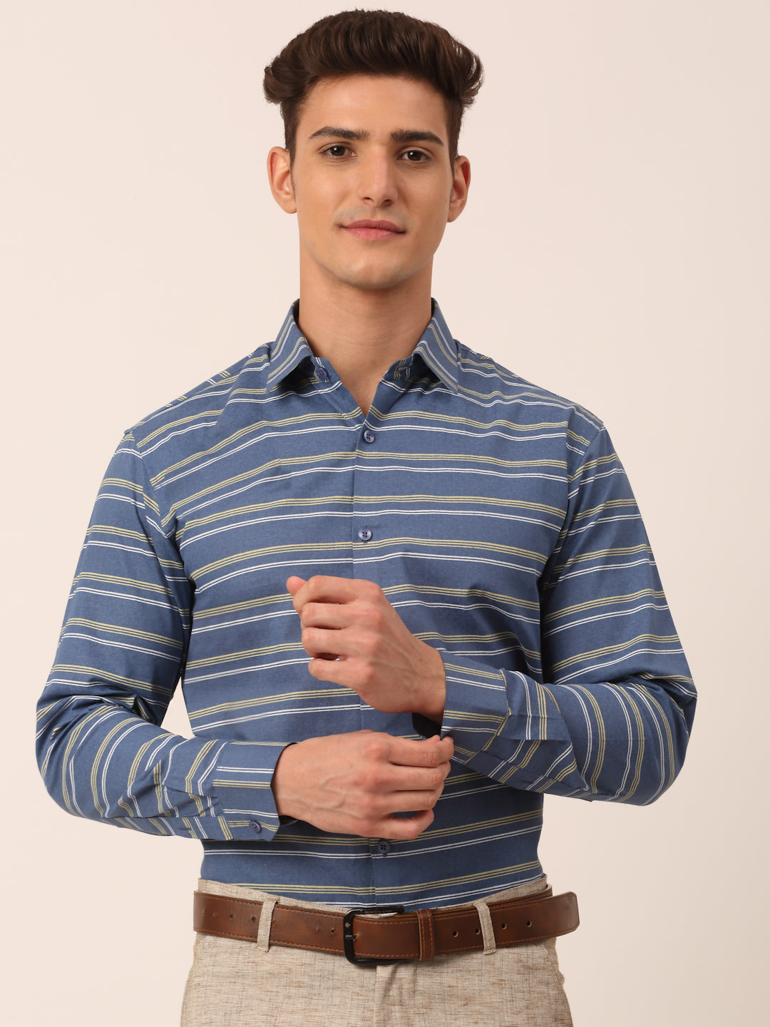 Jainish Men's Cotton Striped Formal Shirts ( SF 820Blue ) | Grocsy