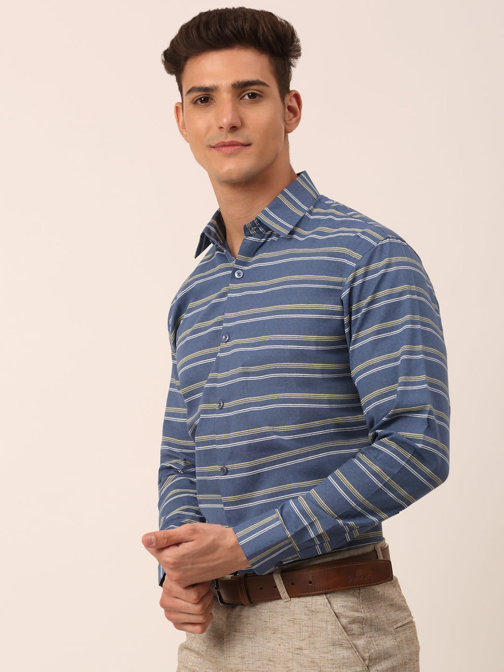 Jainish Men's Cotton Striped Formal Shirts ( SF 820Blue ) | Grocsy