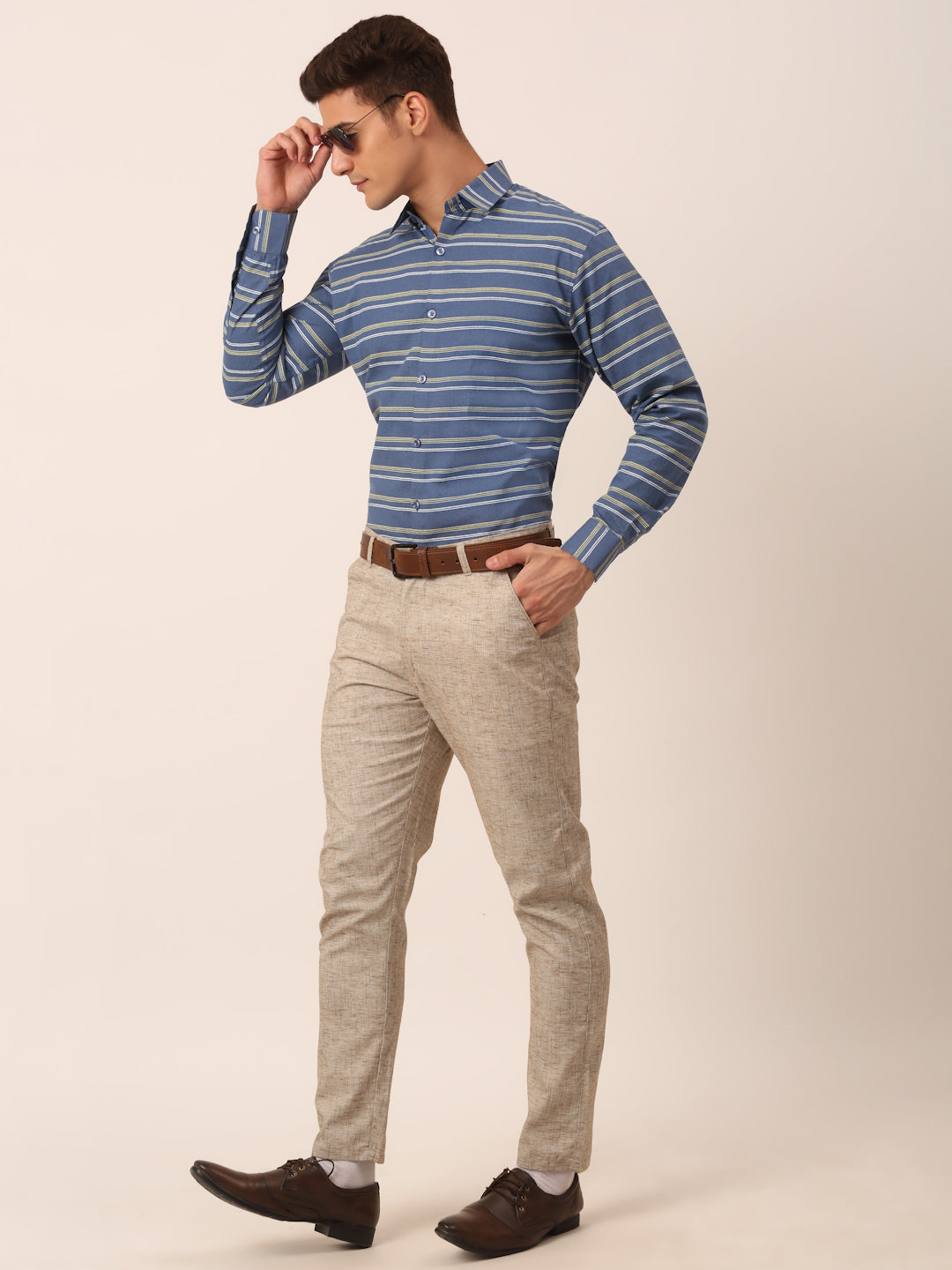 Jainish Men's Cotton Striped Formal Shirts ( SF 820Blue ) | Grocsy