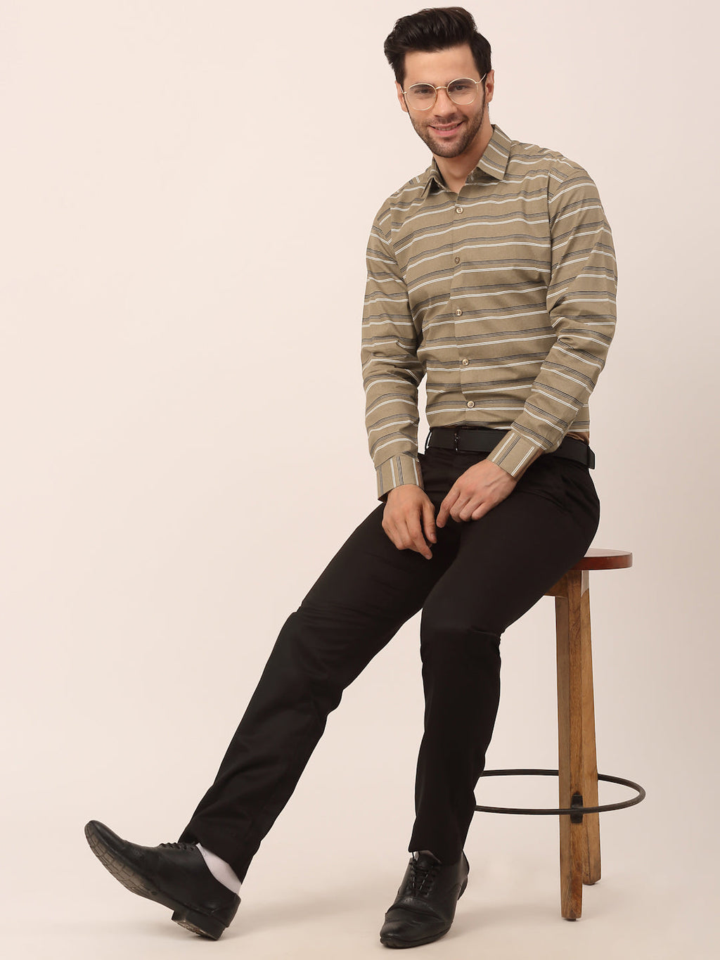 Jainish Men's Cotton Striped Formal Shirts ( SF 820Brown ) | Grocsy