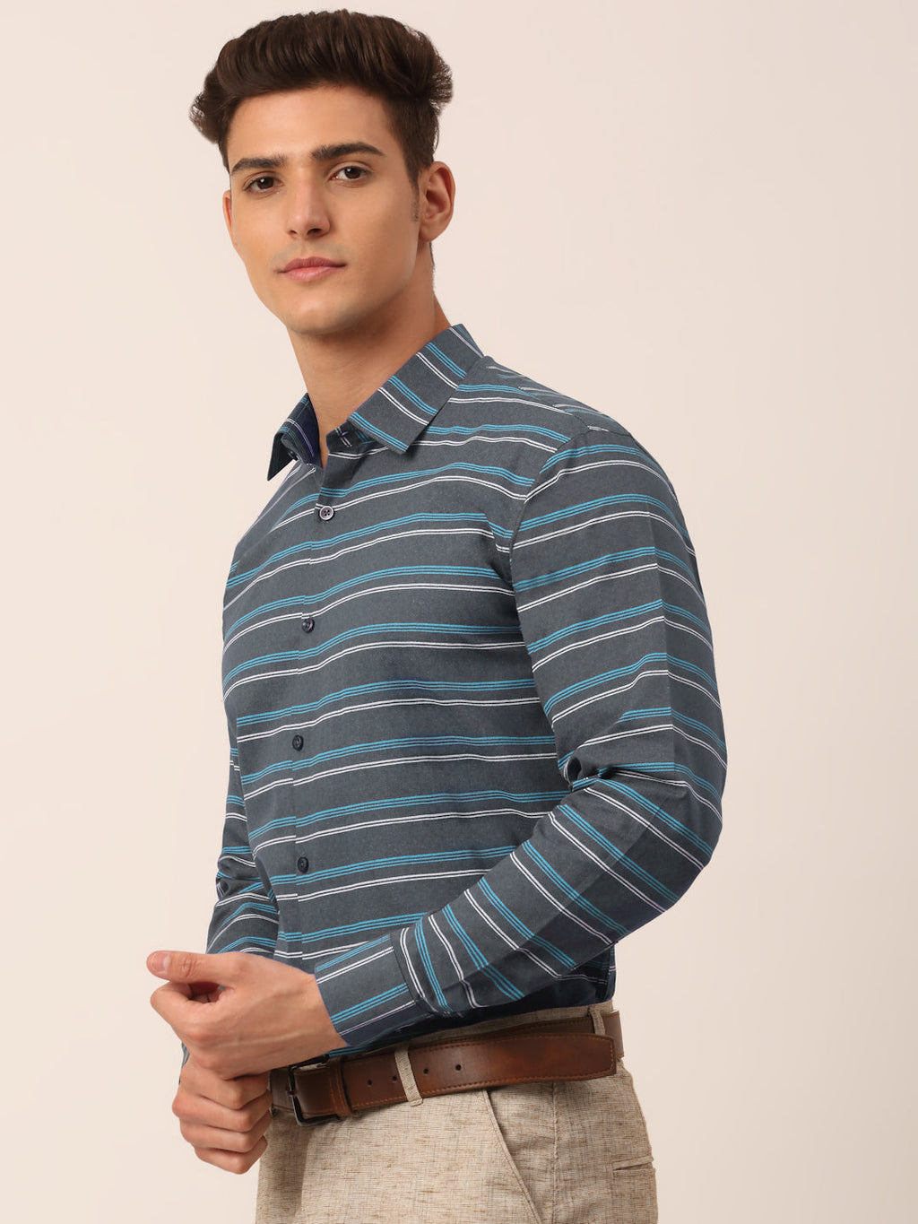 Jainish Men's Cotton Striped Formal Shirts ( SF 820Grey ) | Grocsy