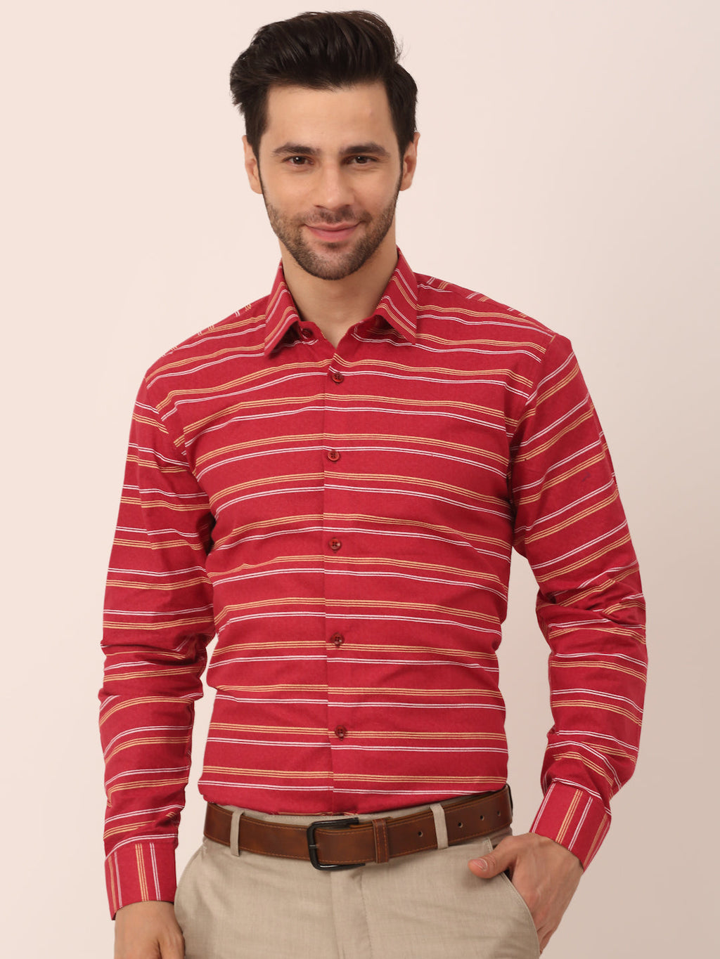 Jainish Men's Cotton Striped Formal Shirts ( SF 820Maroon ) | Grocsy