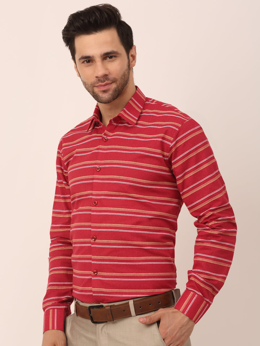 Jainish Men's Cotton Striped Formal Shirts ( SF 820Maroon ) | Grocsy