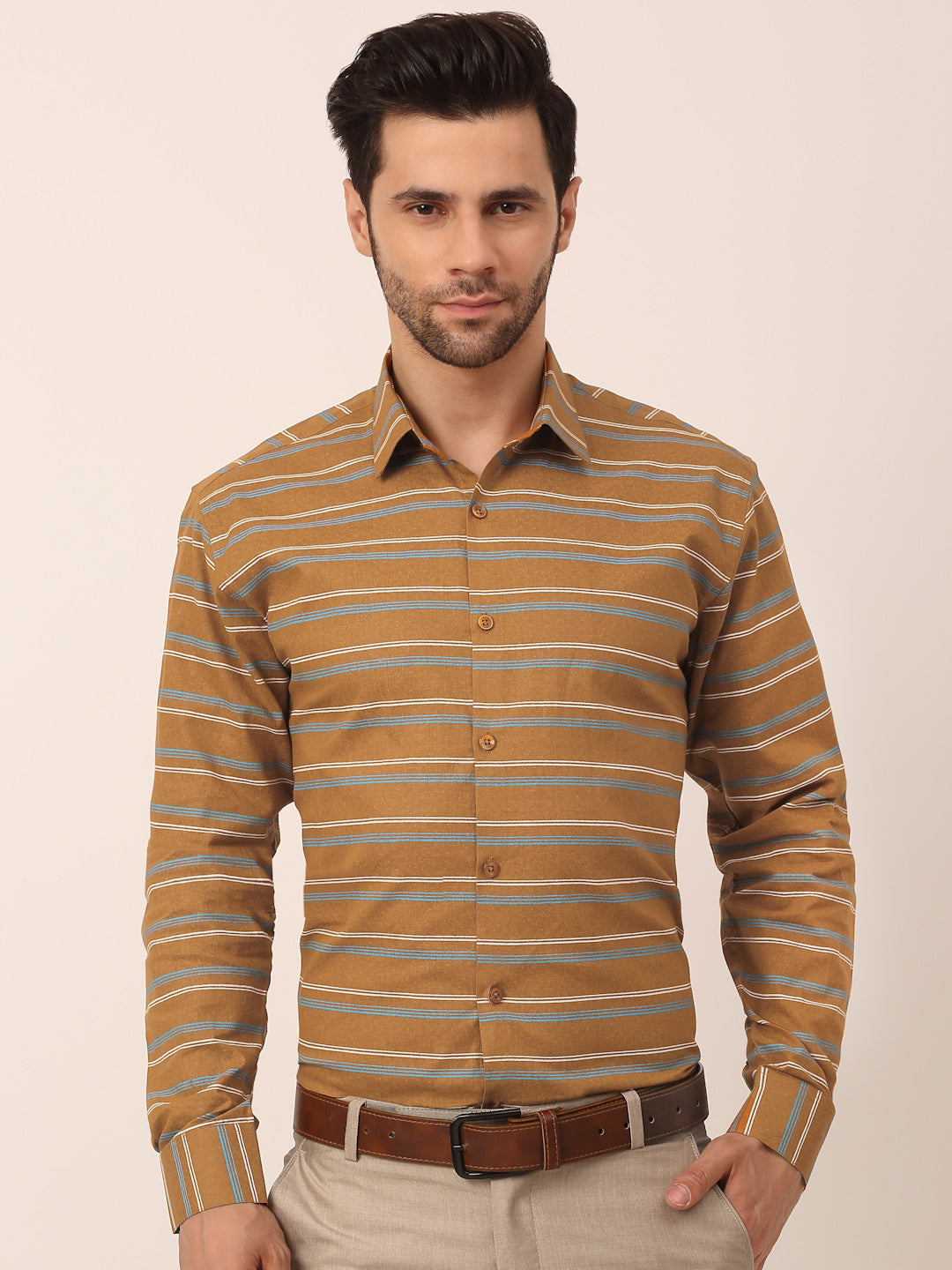 Jainish Men's Cotton Striped Formal Shirts ( SF 820Mustard ) | Grocsy