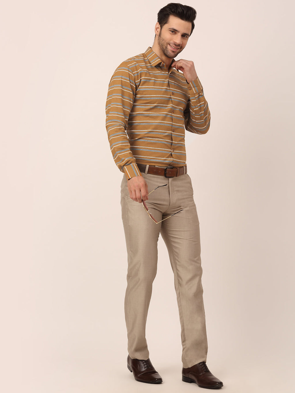 Jainish Men's Cotton Striped Formal Shirts ( SF 820Mustard ) | Grocsy