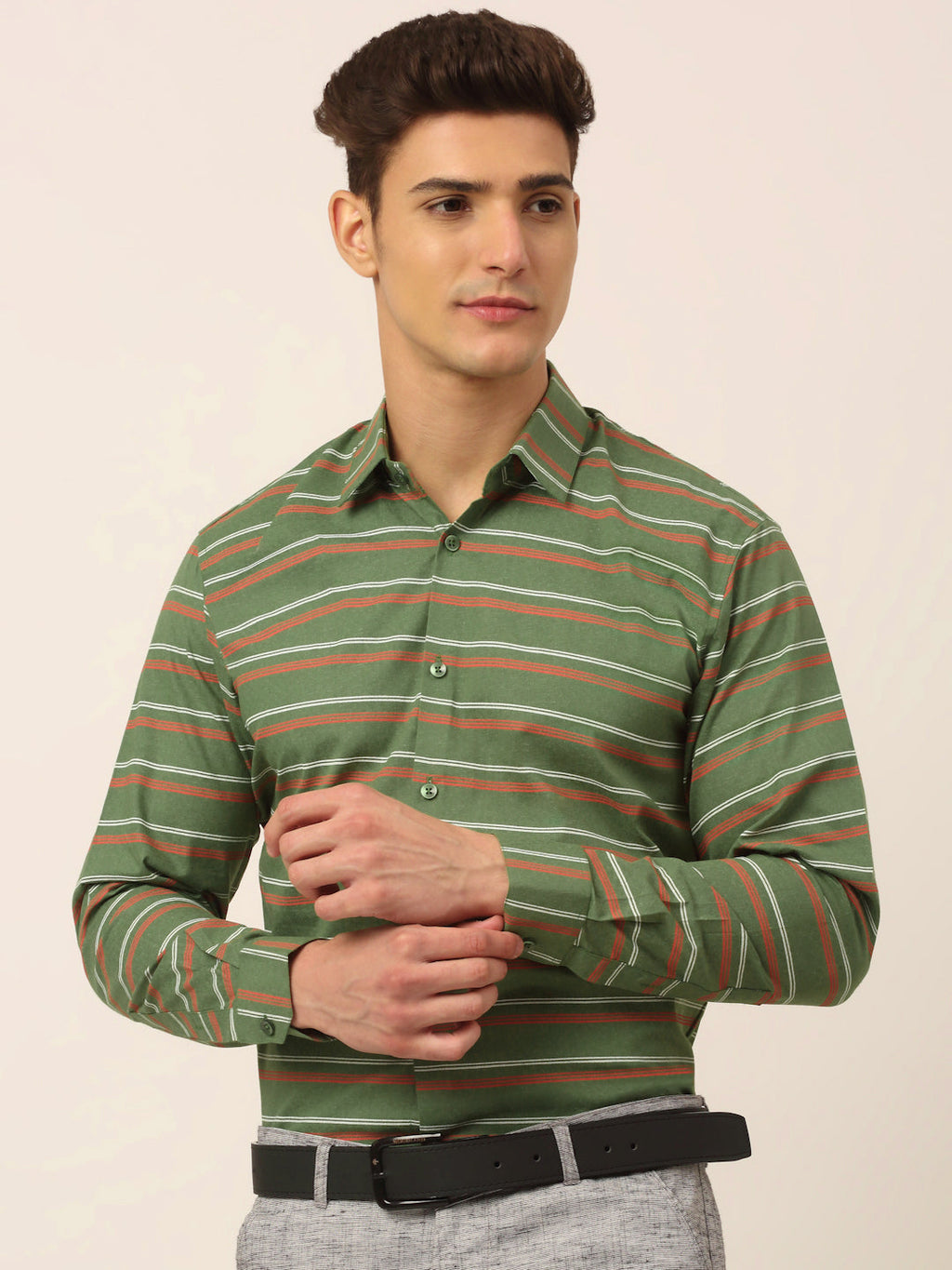 Jainish Men's Cotton Striped Formal Shirts ( SF 820Olive ) | Grocsy