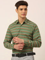 Jainish Men's Cotton Striped Formal Shirts ( SF 820Olive ) | Grocsy