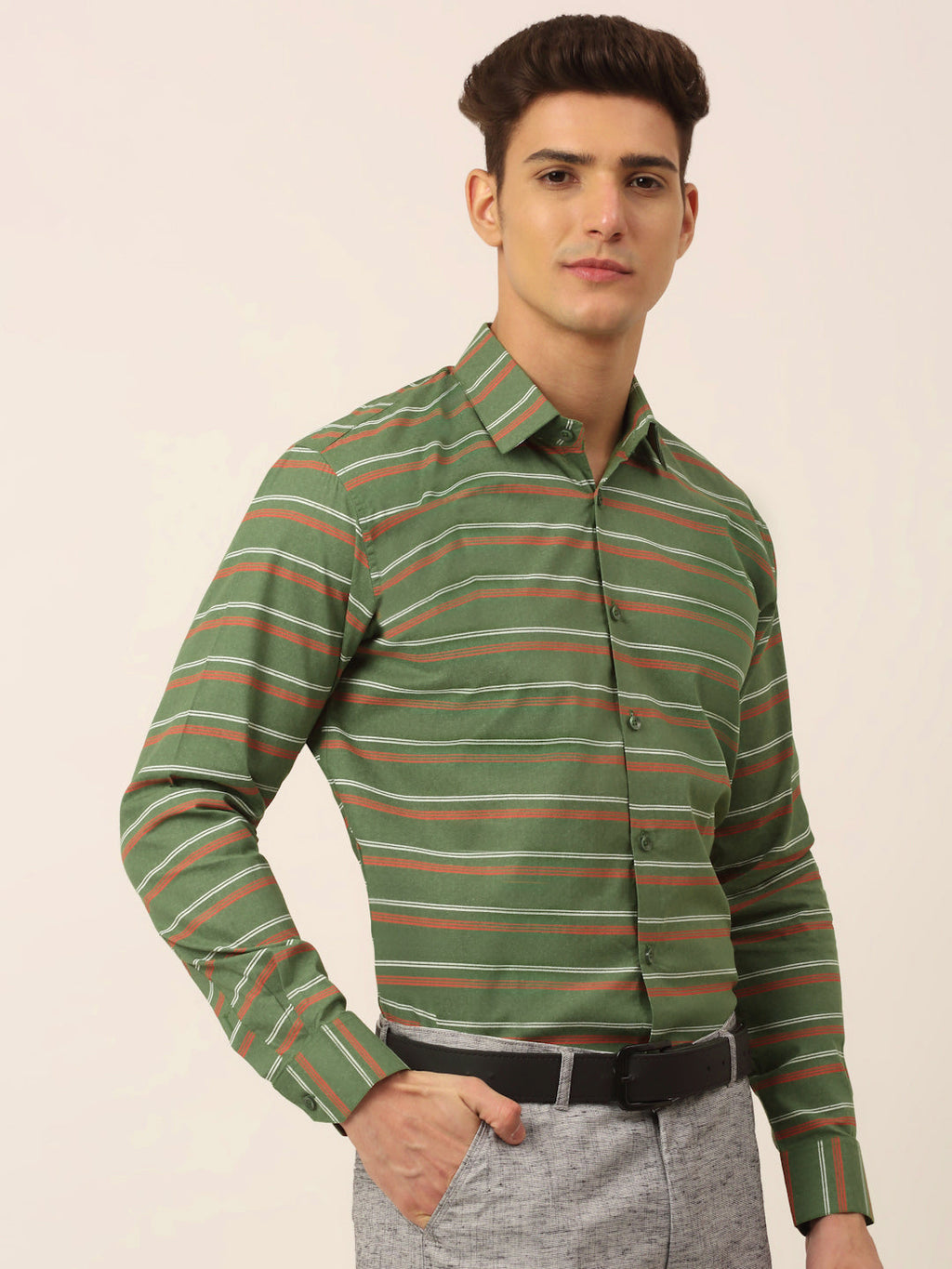 Jainish Men's Cotton Striped Formal Shirts ( SF 820Olive ) | Grocsy
