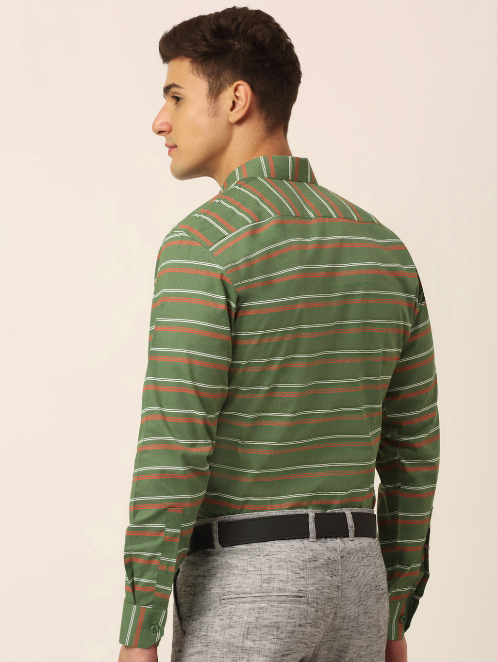 Jainish Men's Cotton Striped Formal Shirts ( SF 820Olive ) | Grocsy