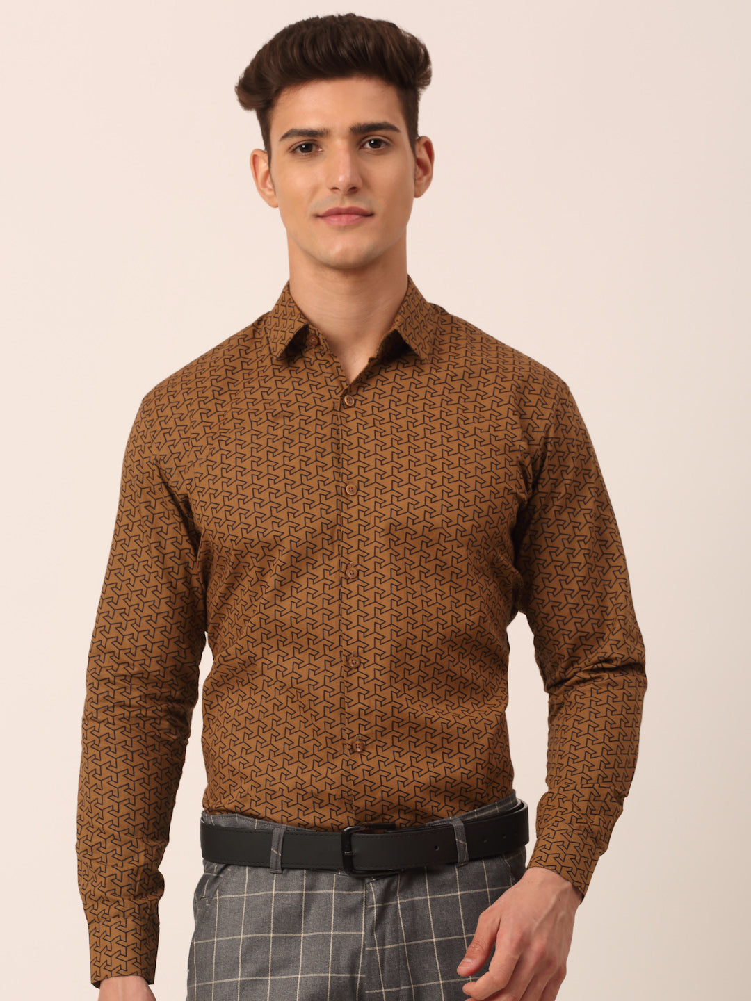 Jainish Men's Cotton Printed Formal Shirts ( SF 821Beige ) | Grocsy