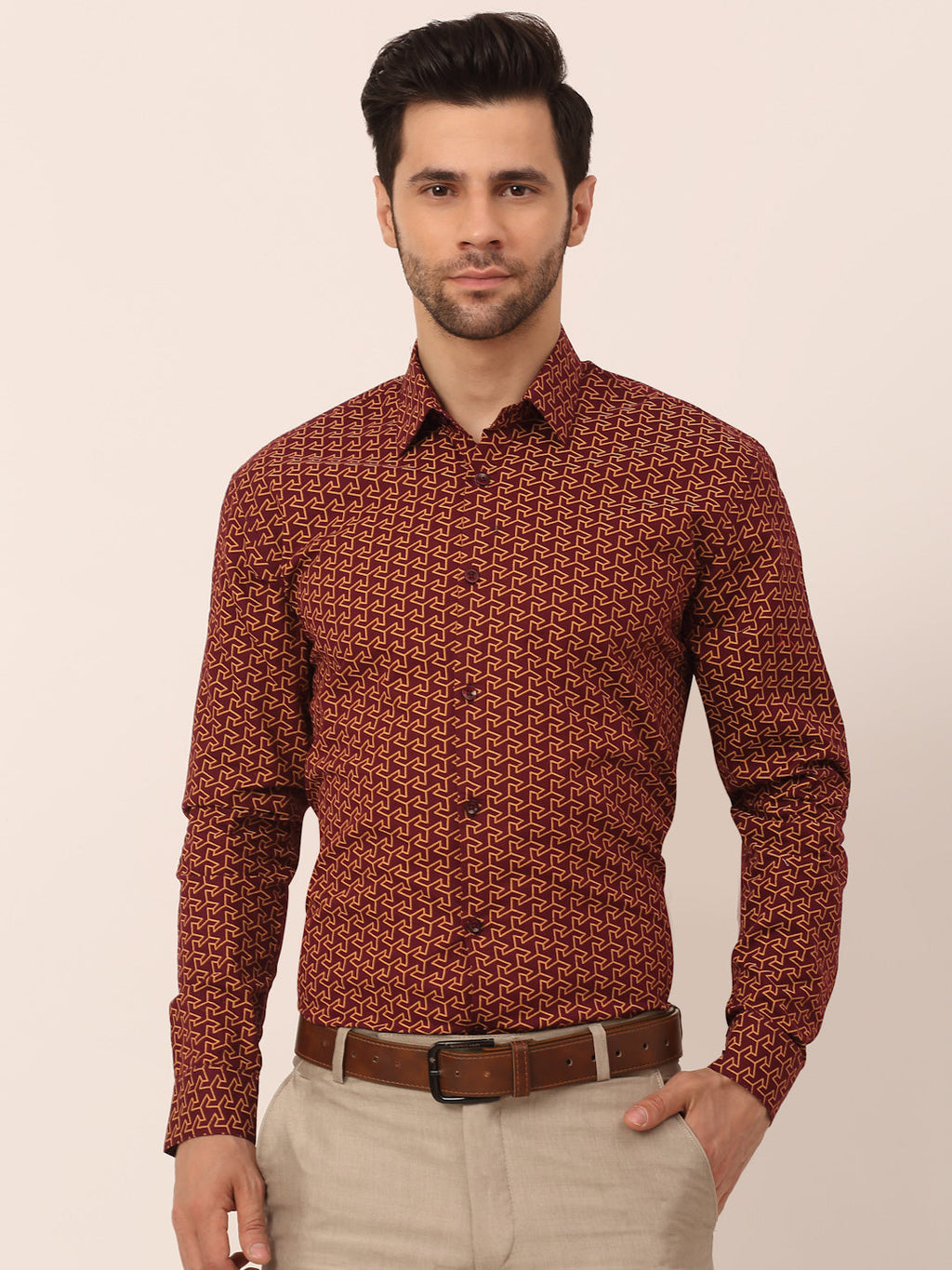 Jainish Men's Cotton Printed Formal Shirts ( SF 821Brown ) | Grocsy
