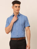 Jainish Men's Blue & White Classic Striped Formal Shirt | Grocsy