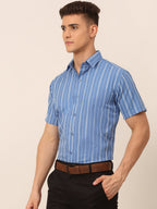 Jainish Men's Blue & White Classic Striped Formal Shirt | Grocsy
