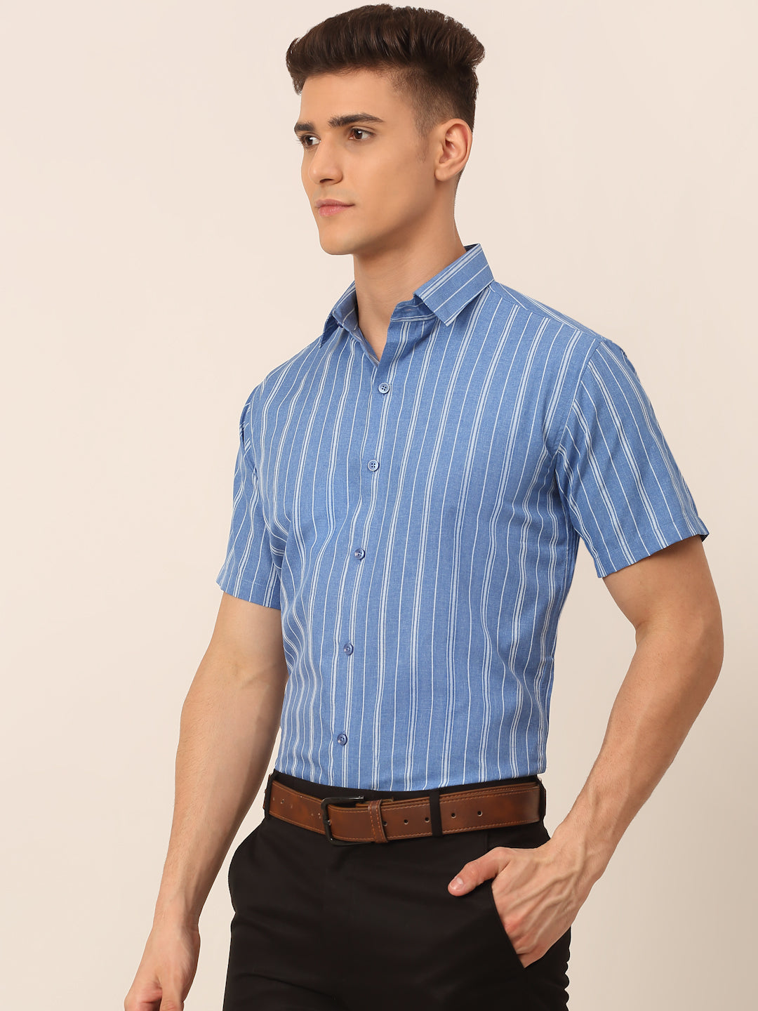 Jainish Men's Blue & White Classic Striped Formal Shirt | Grocsy
