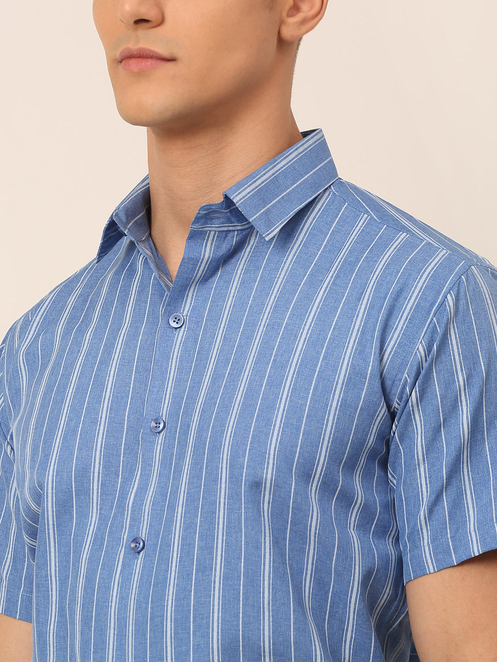 Jainish Men's Blue & White Classic Striped Formal Shirt | Grocsy