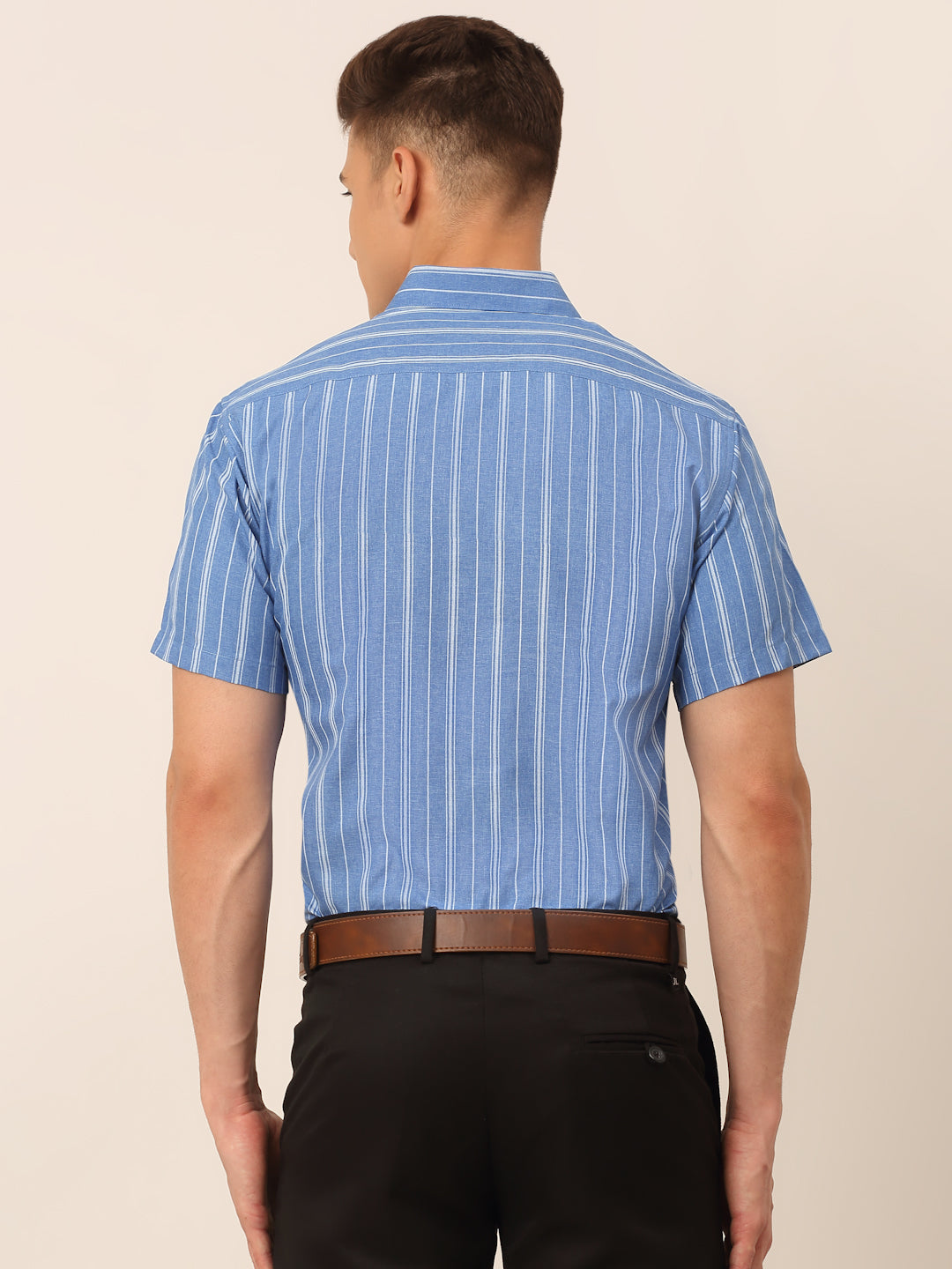Jainish Men's Blue & White Classic Striped Formal Shirt | Grocsy
