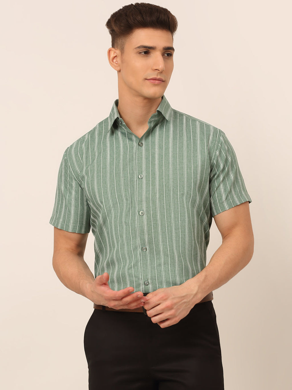 Jainish Men's Cotton Striped Formal Shirts - Green | Grocsy