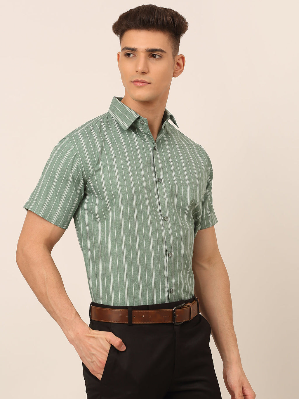 Jainish Men's Cotton Striped Formal Shirts - Green | Grocsy
