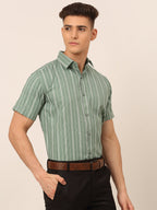 Jainish Men's Cotton Striped Formal Shirts - Green | Grocsy