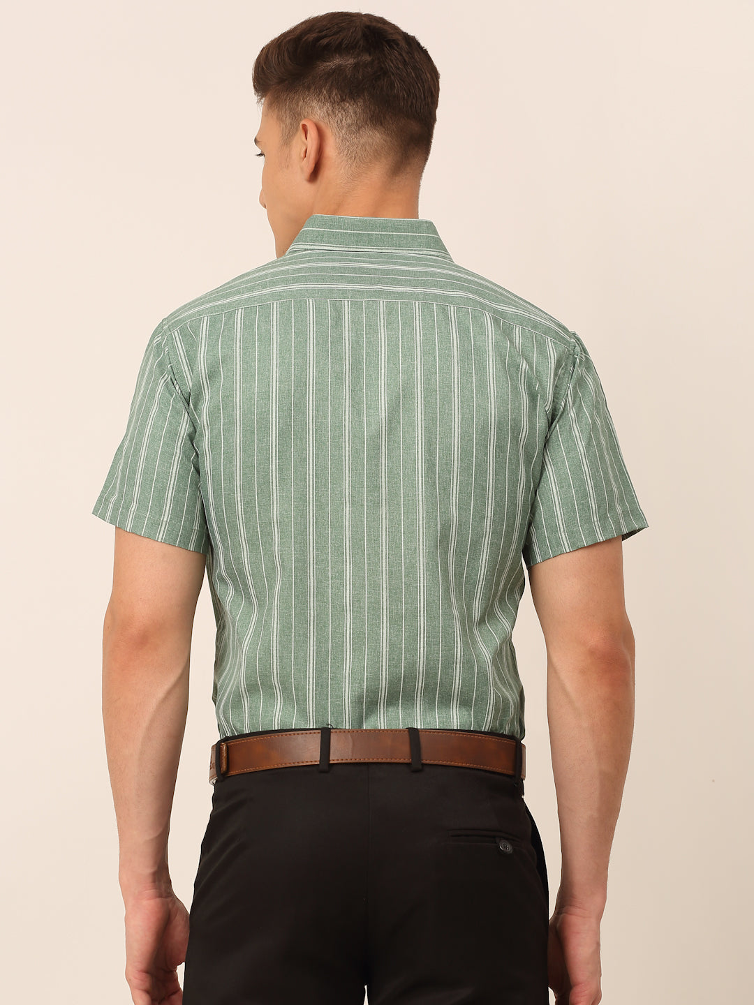 Jainish Men's Cotton Striped Formal Shirts - Green | Grocsy