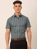Jainish Men's Cotton Striped Formal Shirts - Grey | Grocsy