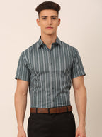 Jainish Men's Cotton Striped Formal Shirts - Grey | Grocsy