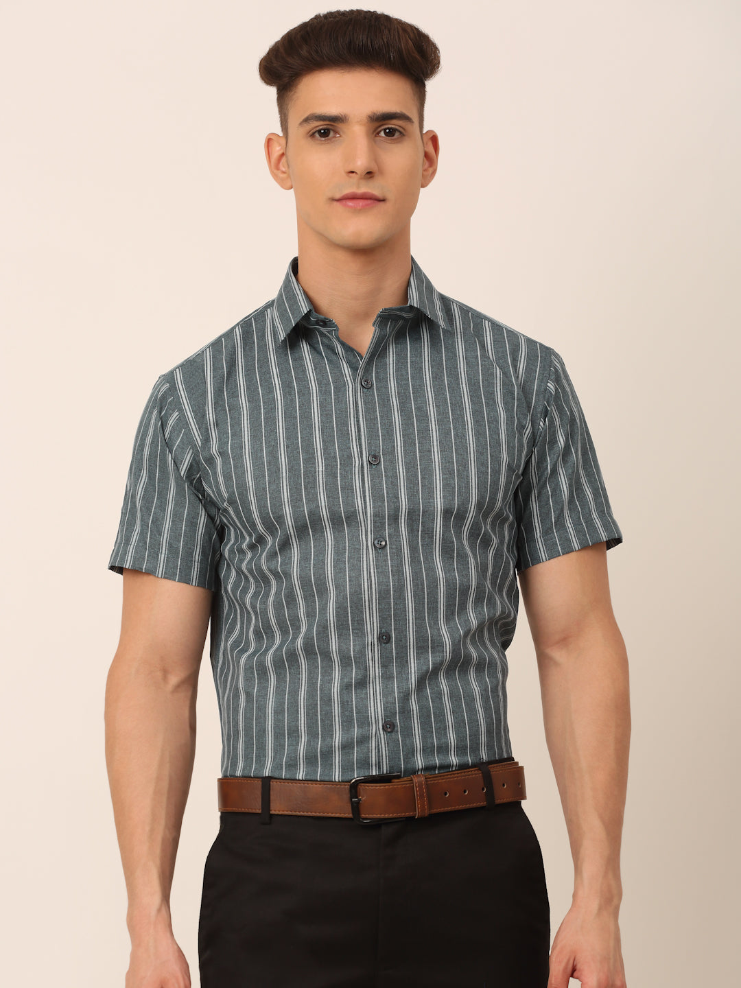 Jainish Men's Cotton Striped Formal Shirts - Grey | Grocsy