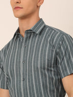 Jainish Men's Cotton Striped Formal Shirts - Grey | Grocsy