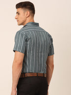 Jainish Men's Cotton Striped Formal Shirts - Grey | Grocsy